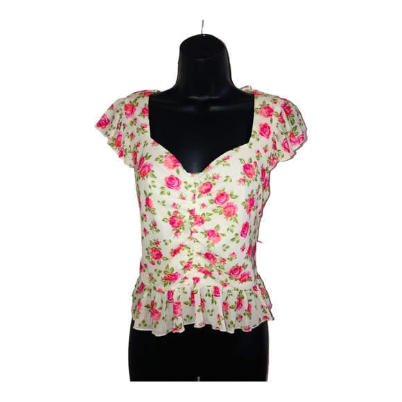 Black pink purple‎ floral peplum shirred front heart neckline blouse size large - Picture 12 of 14